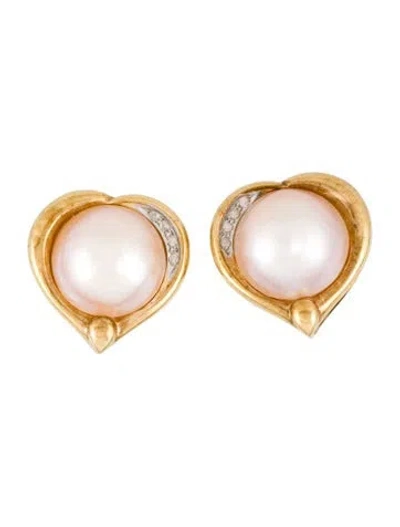 Pre-owned Earrings 14k Pearl & Diamond Heart Earclips In Multi