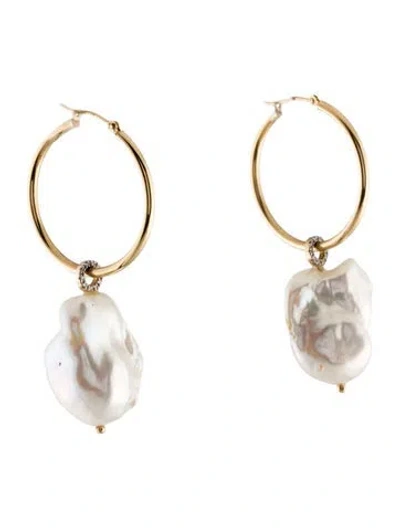 Pre-owned Earrings 14k Pearl & Diamond Hoop Drop  In Multi