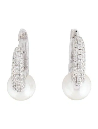 Pre-owned Earrings 14k Pearl & Diamond Huggie  In Multi