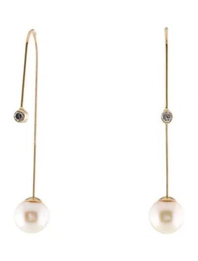 Pre-owned Earrings 14k Pearl & Diamond Long Hoop  In Multi