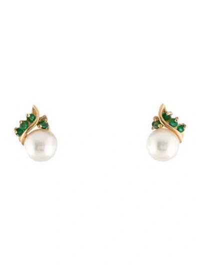 Pre-owned Earrings 14k Pearl & Diamond Stud  In Multi