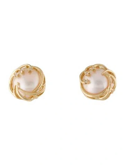 Pre-owned Earrings 14k Pearl & Diamond Stud  In Multi