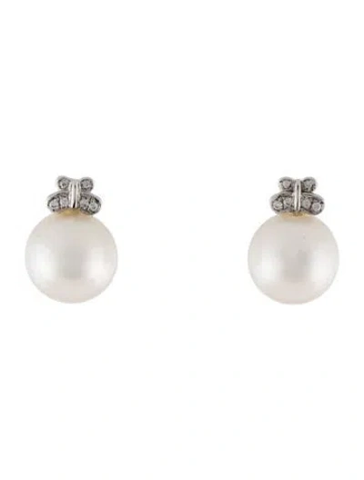 Pre-owned Earrings 14k Pearl & Diamond Stud  In Multi