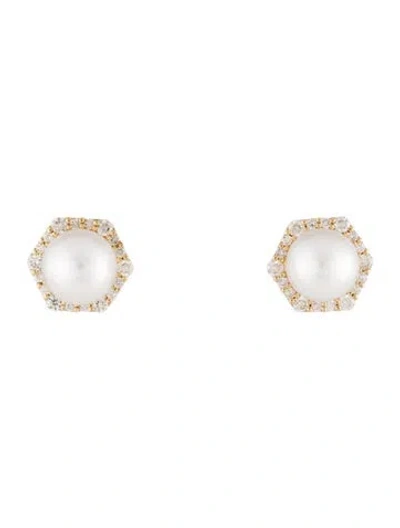 Pre-owned Earrings 14k Pearl & Diamond Stud  In Multi