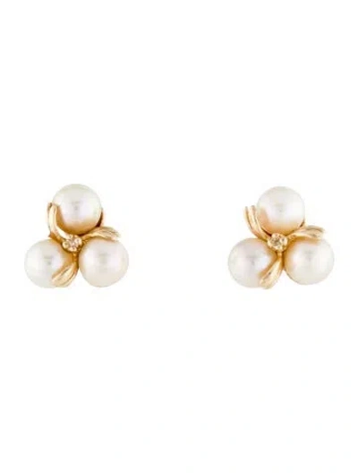Pre-owned Earrings 14k Pearl & Diamond Stud  In Multi