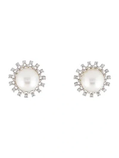 Pre-owned Earrings 14k Pearl & Diamond Stud  In White
