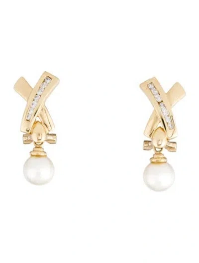 Pre-owned Earrings 14k Pearl & Diamond X Drop  In Multi