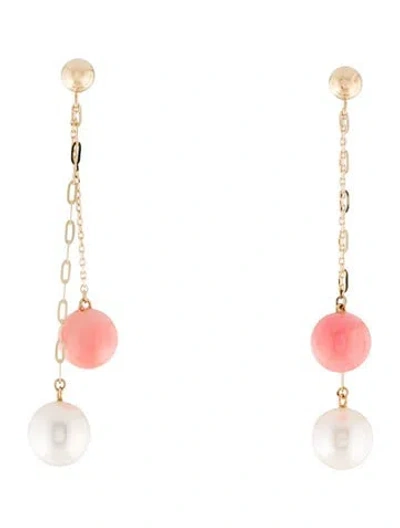 Pre-owned Earrings 14k Pearl & Dyed Coral Drop  In Multi
