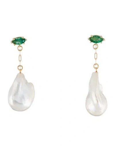 Pre-owned Earrings 14k Pearl & Emerald Drop  In Multi