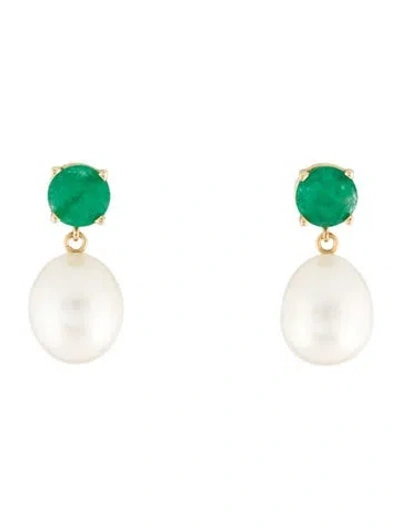 Pre-owned Earrings 14k Pearl & Emerald Drop  In Multi