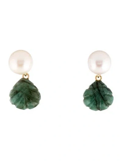 Pre-owned Earrings 14k Pearl & Emerald Drop  In Multi