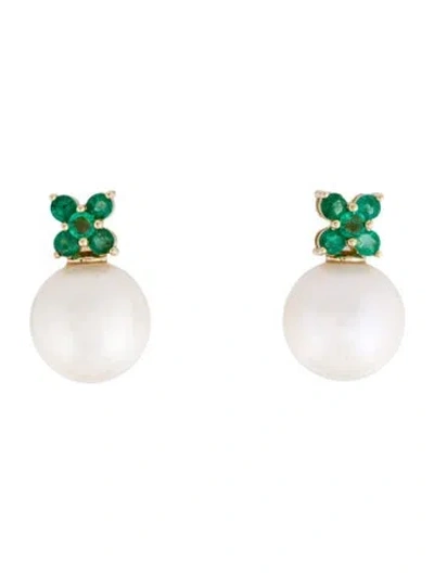 Pre-owned Earrings 14k Pearl & Emerald Drop  In Multi