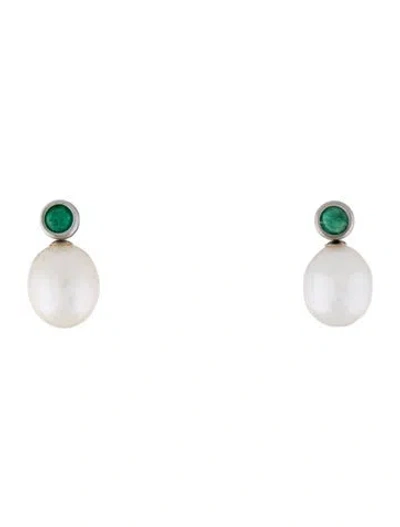 Pre-owned Earrings 14k Pearl & Emerald Stud  In Multi