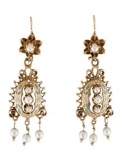 Pre-owned Earrings 14k Pearl & Enamel Vintage Drop  In Multi