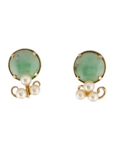 Pre-owned Earrings 14k Pearl & Jadeite Clip-on  In Multi