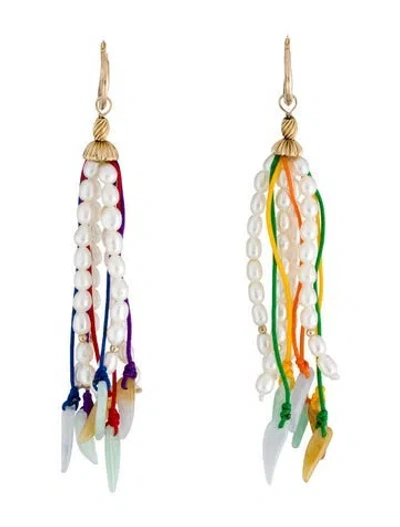 Pre-owned Earrings 14k Pearl & Jadeite Convertible Tassel  In Multi