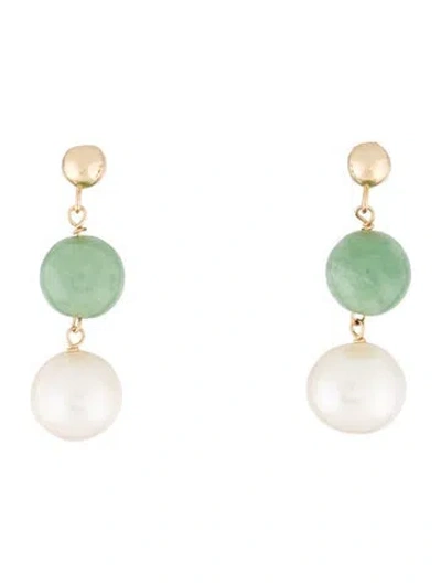 Pre-owned Earrings 14k Pearl & Jadeite Drop  In Multi