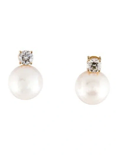Pre-owned Earrings 14k Pearl & Lab-grown Diamond Drop  In Multi