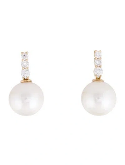 Pre-owned Earrings 14k Pearl & Lab-grown Diamond Drop  In Multi