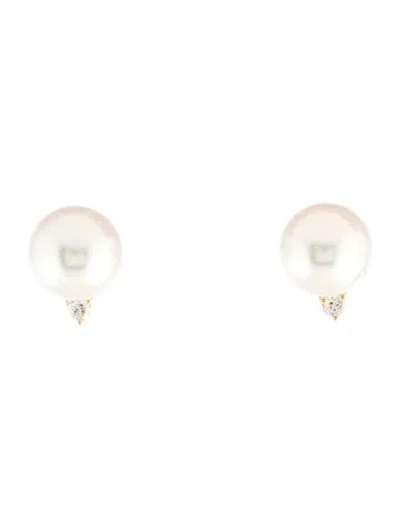 Pre-owned Earrings 14k Pearl & Lab-grown Diamond Stud  In Multi
