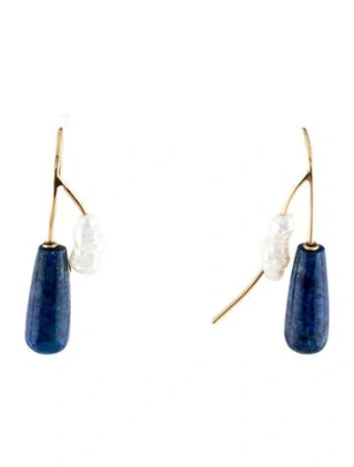 Pre-owned Earrings 14k Pearl & Lapis Lazuli Drop  In Multi