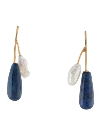 Pre-owned Earrings 14k Pearl & Lapis Lazuli Drop  In Multi