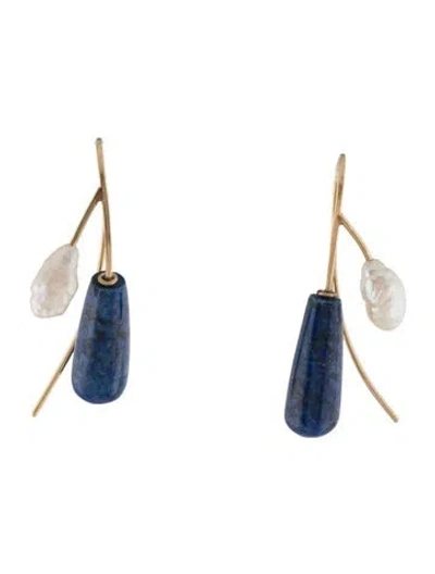 Pre-owned Earrings 14k Pearl & Lapis Lazuli Drop  In Multi