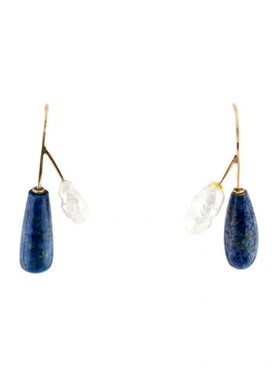 Pre-owned Earrings 14k Pearl & Lapis Lazuli Drop  In Multi