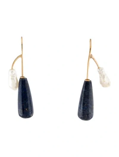 Pre-owned Earrings 14k Pearl & Lapis Lazuli Drop  In Multi