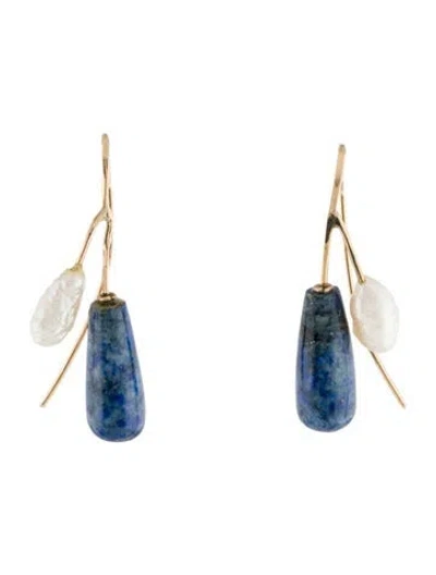 Pre-owned Earrings 14k Pearl & Lapis Lazuli Drop  In Multi