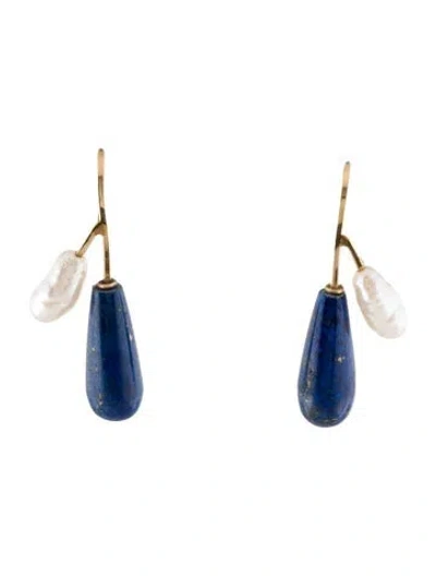 Pre-owned Earrings 14k Pearl & Lapis Lazuli Drop  In Multi