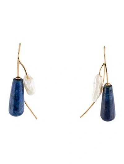 Pre-owned Earrings 14k Pearl & Lapis Lazuli Drop  In Multi