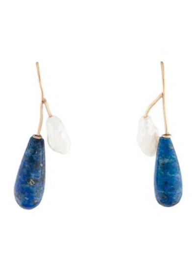 Pre-owned Earrings 14k Pearl & Lapis Lazuli Drop  In Multi