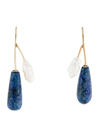 Pre-owned Earrings 14k Pearl & Lapis Lazuli Drop  In Multi
