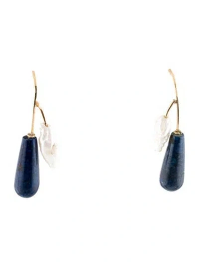 Pre-owned Earrings 14k Pearl & Lapis Lazuli Drop  In Multi