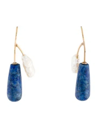 Pre-owned Earrings 14k Pearl & Lapis Lazuli Drop  In Multi