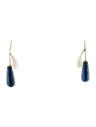Pre-owned Earrings 14k Pearl & Lapis Lazuli Drop  In Multi