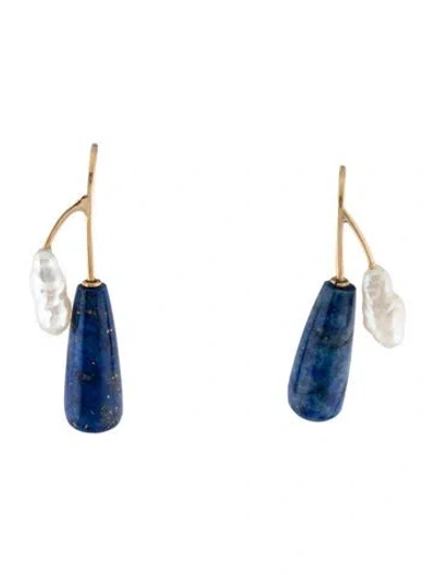 Pre-owned Earrings 14k Pearl & Lapis Lazuli Drop  In Multi