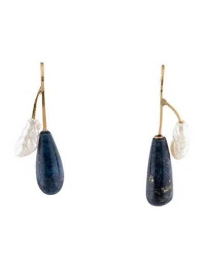 Pre-owned Earrings 14k Pearl & Lapis Lazuli Drop  In Multi