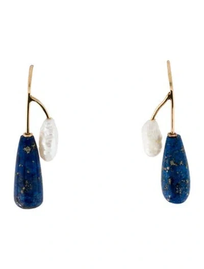 Pre-owned Earrings 14k Pearl & Lapis Lazuli Drop  In Multi