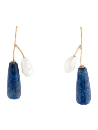 Pre-owned Earrings 14k Pearl & Lapis Lazuli Drop  In Multi