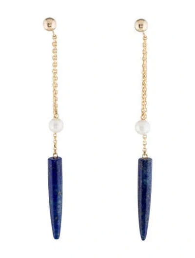 Pre-owned Earrings 14k Pearl & Lapis Lazuli Drop  In Multi