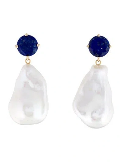 Pre-owned Earrings 14k Pearl & Lapis Lazuli Drop  In Multi