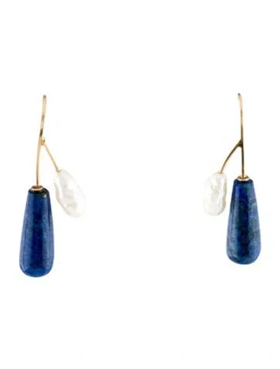 Pre-owned Earrings 14k Pearl & Lapis Lazuli Drop  In Multi