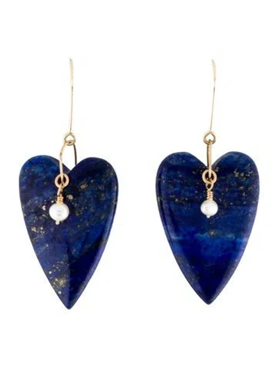 Pre-owned Earrings 14k Pearl & Lapis Lazuli Heart Drop  In Multi