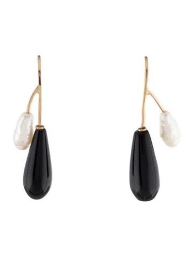 Pre-owned Earrings 14k Pearl & Onyx Drop  In Multi
