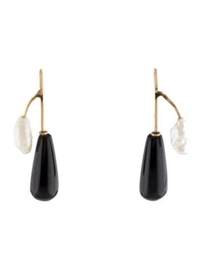 Pre-owned Earrings 14k Pearl & Onyx Drop  In Multi