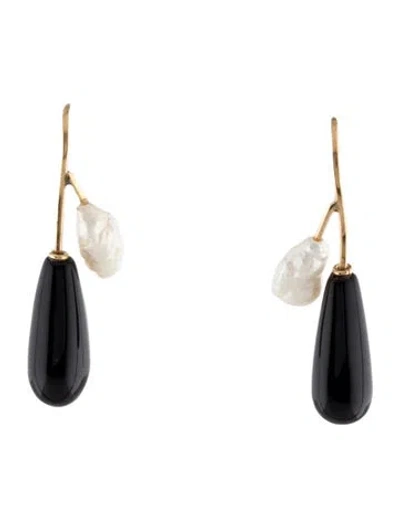 Pre-owned Earrings 14k Pearl & Onyx Drop  In Multi