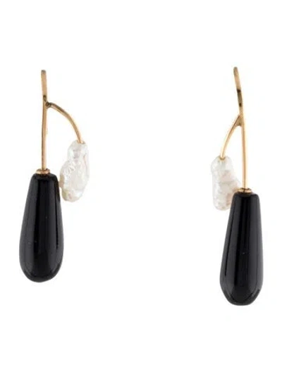 Pre-owned Earrings 14k Pearl & Onyx Drop  In Multi