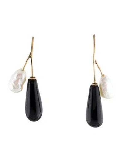 Pre-owned Earrings 14k Pearl & Onyx Drop  In Multi